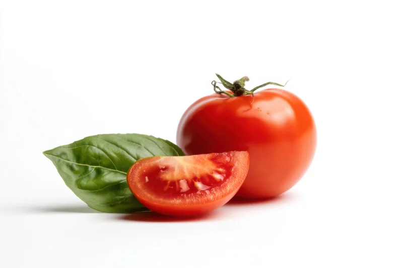Whole and sliced tomato with fresh basil leaf on white background