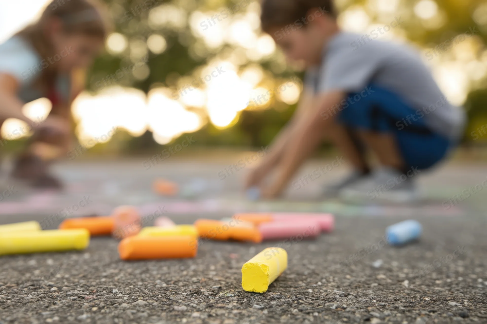 Children crouching on pavement drawing with colorful chalk outdoors
