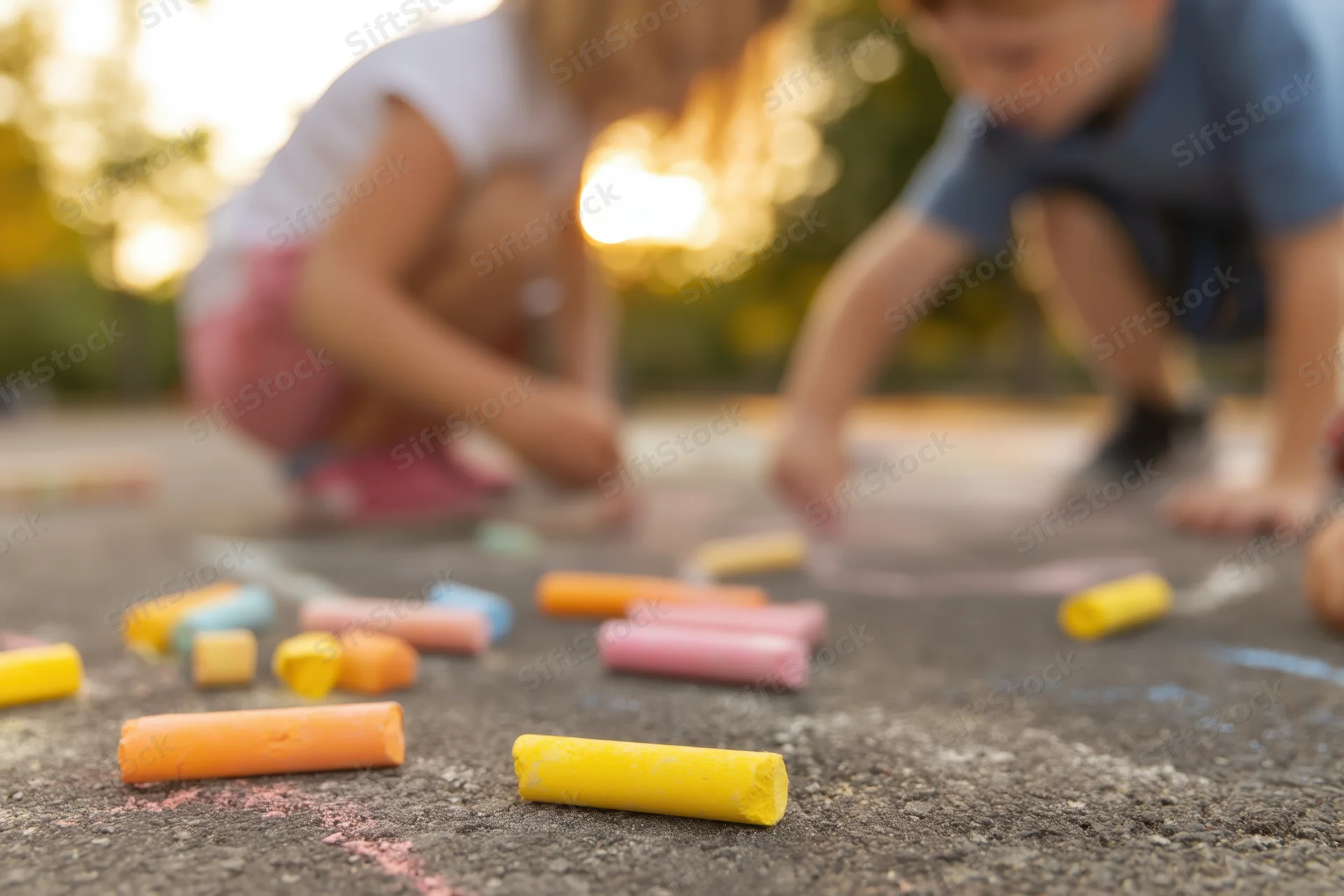 Children drawing with colorful chalk on a sidewalk outdoors
