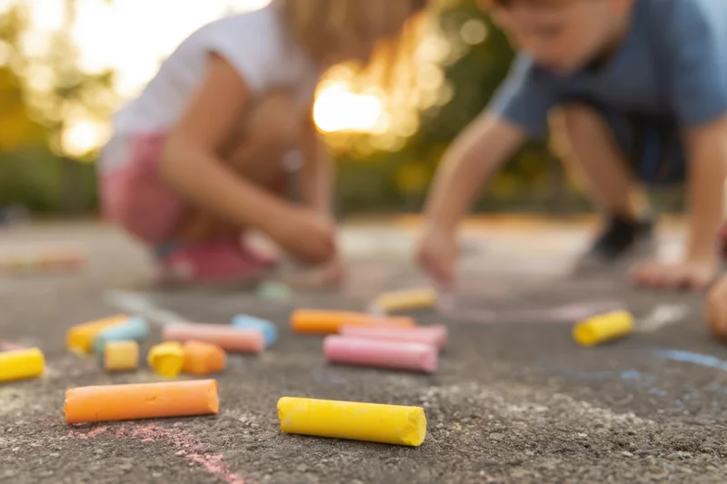 Children drawing with colorful chalk on a sidewalk outdoors