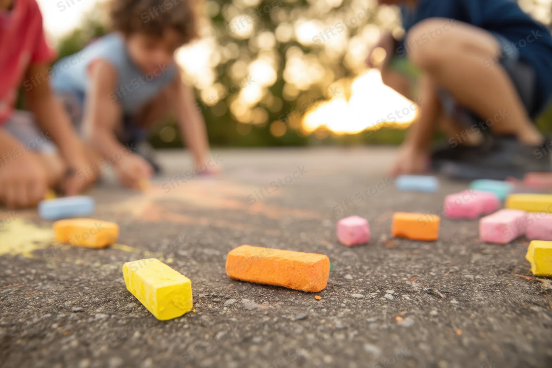 Children playing with colorful chalk on sidewalk during daytime