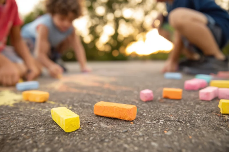 Children playing with colorful chalk on sidewalk during daytime