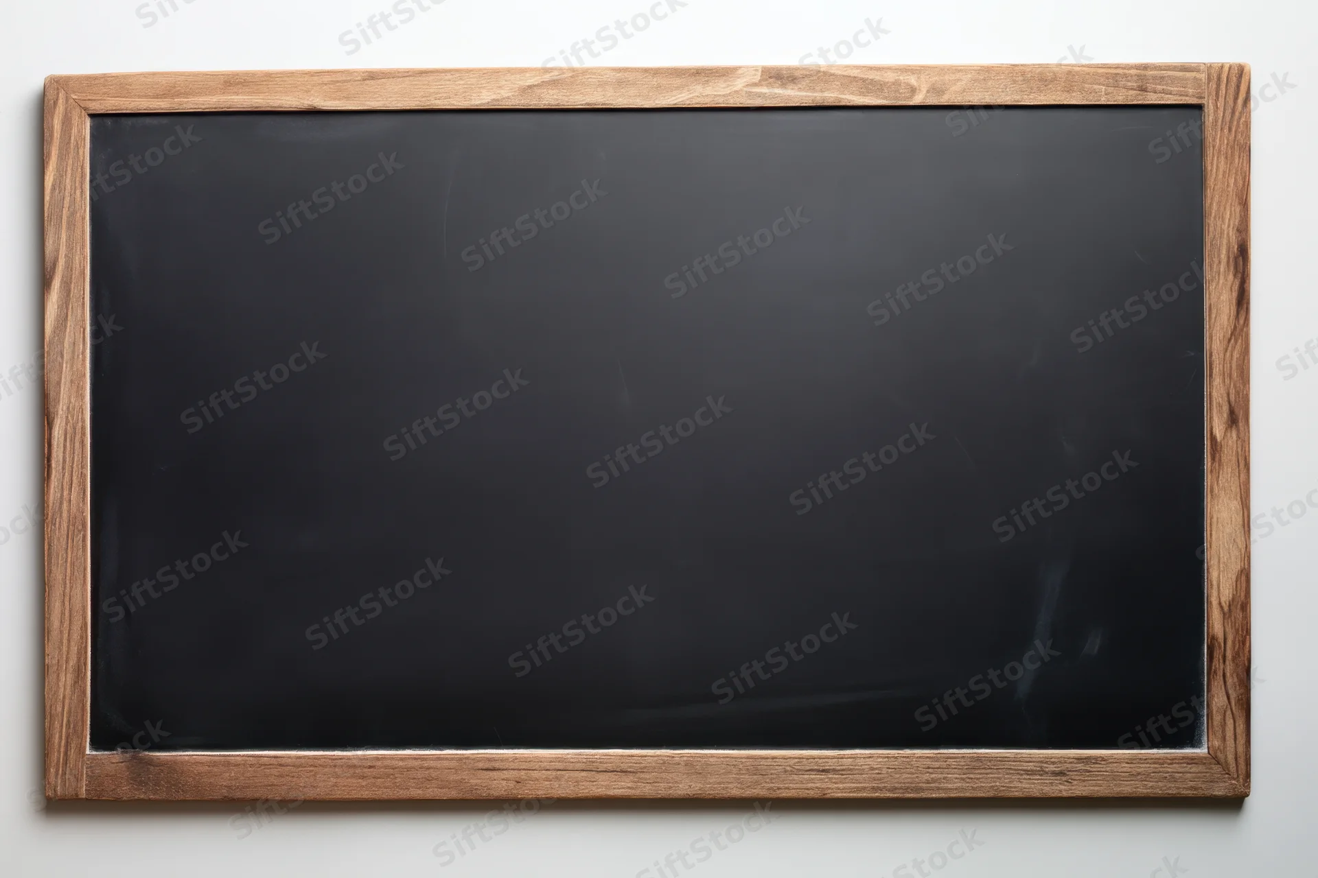 Vintage black chalkboard with distressed wooden frame mounted on a white wall