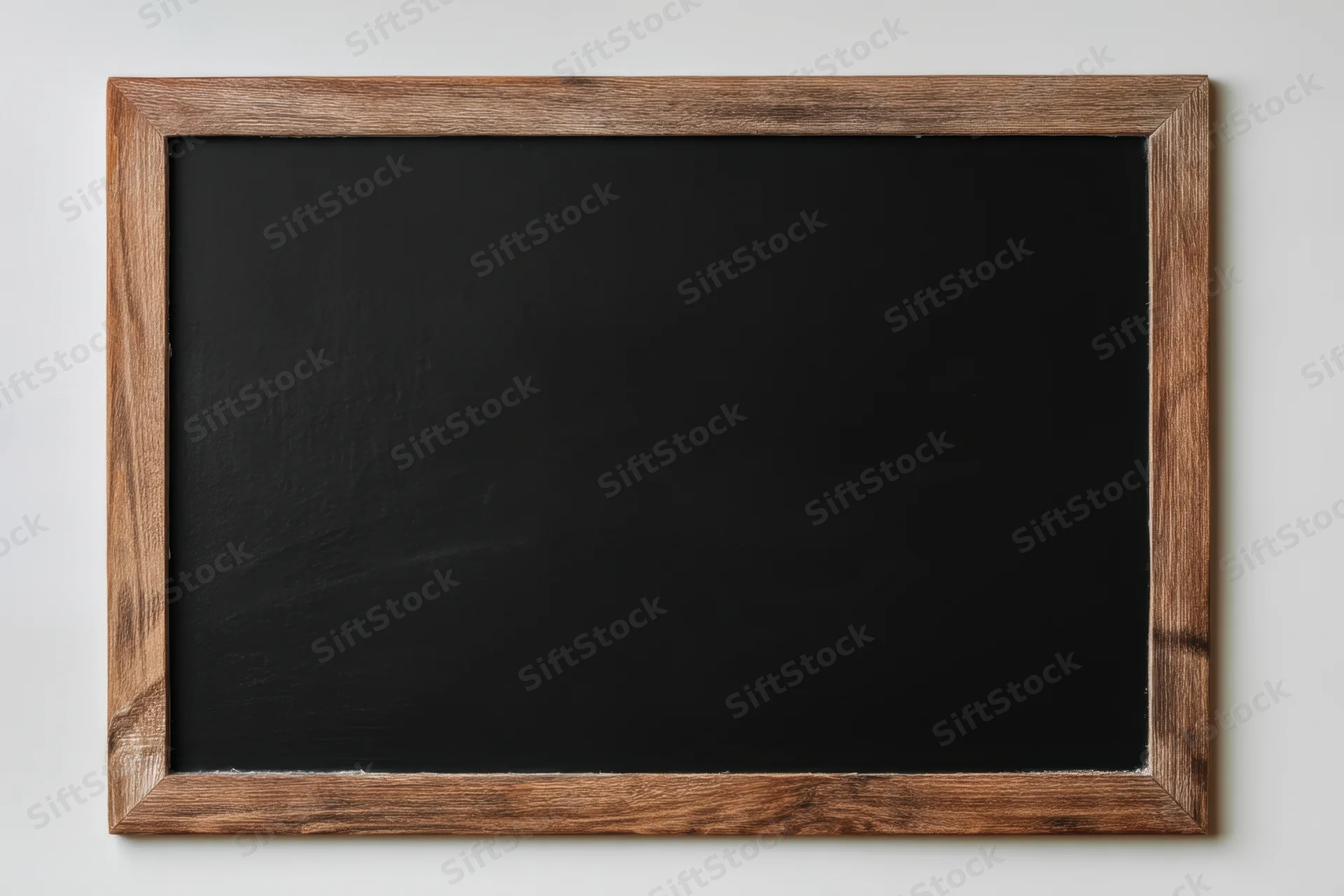 Vintage black chalkboard with distressed wooden frame mounted on a white wall