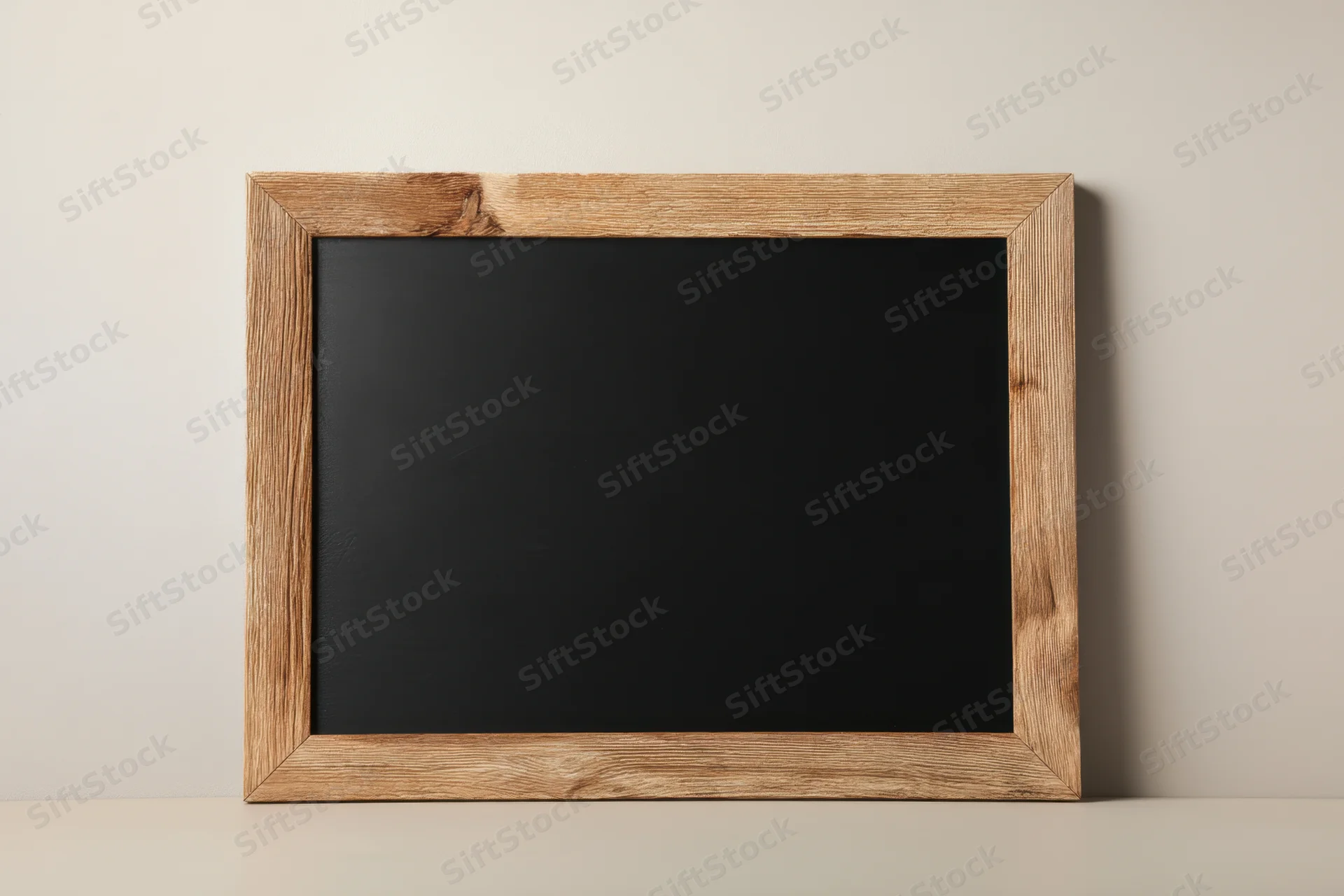 Vintage black chalkboard with distressed wooden frame leaning against a plain wall on a flat surface