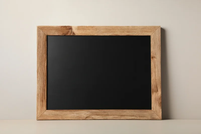 Vintage black chalkboard with distressed wooden frame leaning against a plain wall on a flat surface