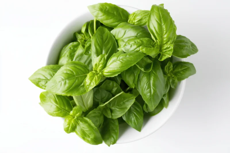 Fresh basil leaves in a white bowl on a white background