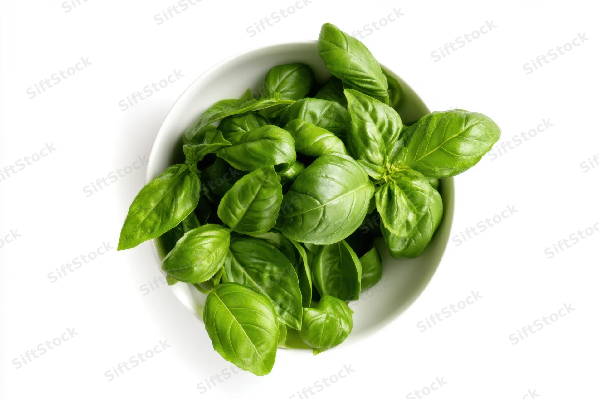 Fresh basil leaves in a white bowl on a white background