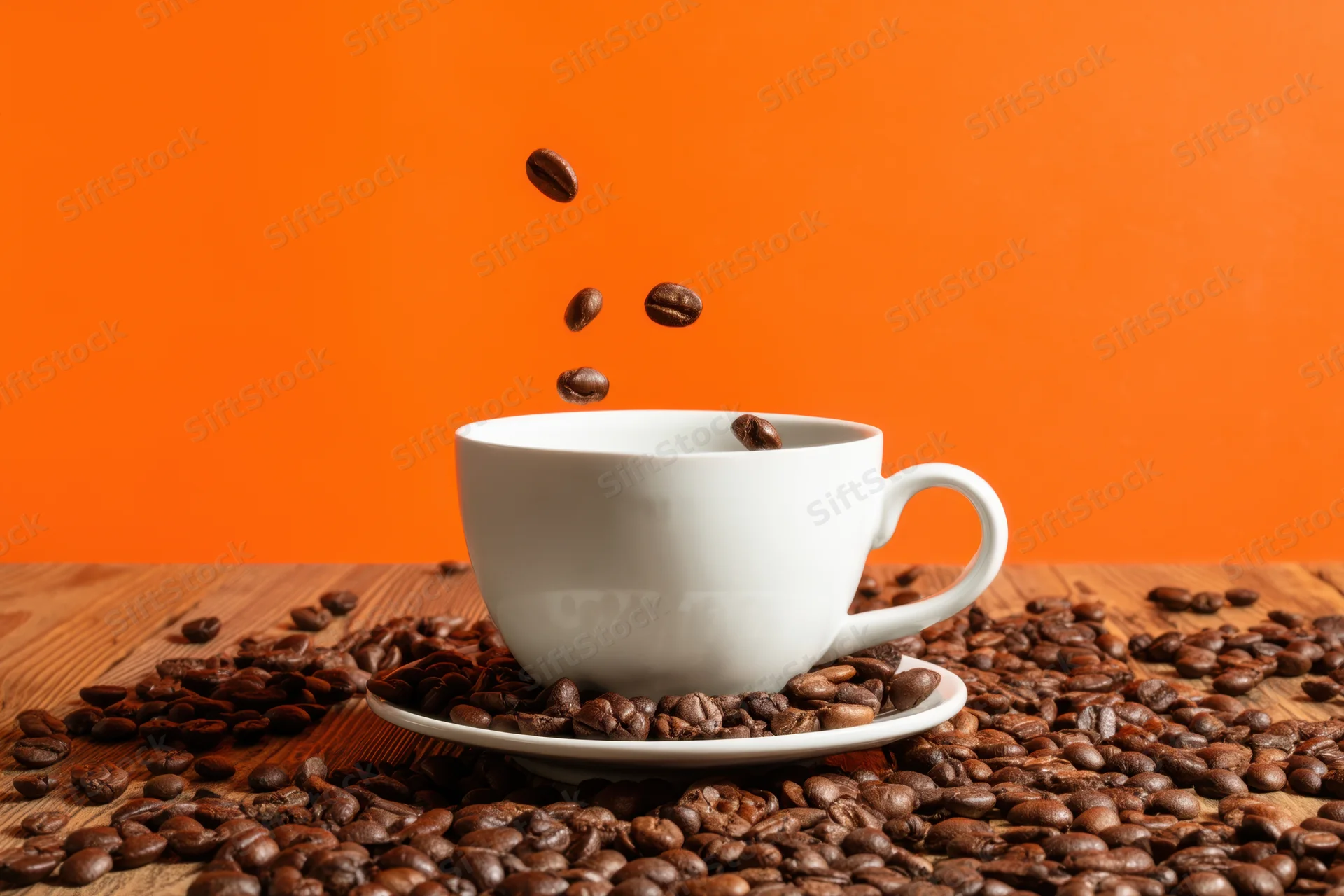 White ceramic coffee cup with saucer on wooden table surrounded by roasted coffee beans, with beans falling into the cup against an orange background