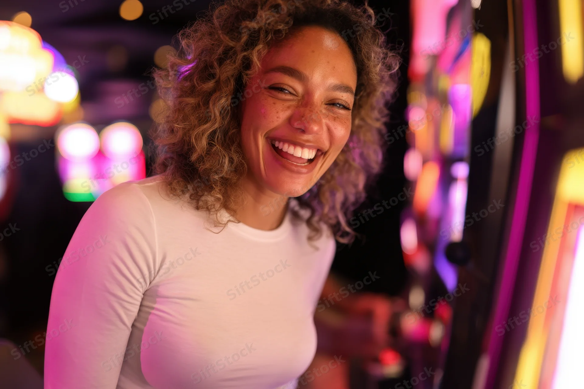Woman laughing at a slot machine in a vibrant casino setting