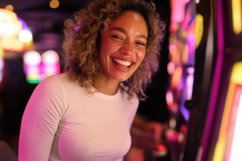 Woman laughing at a slot machine in a vibrant casino setting