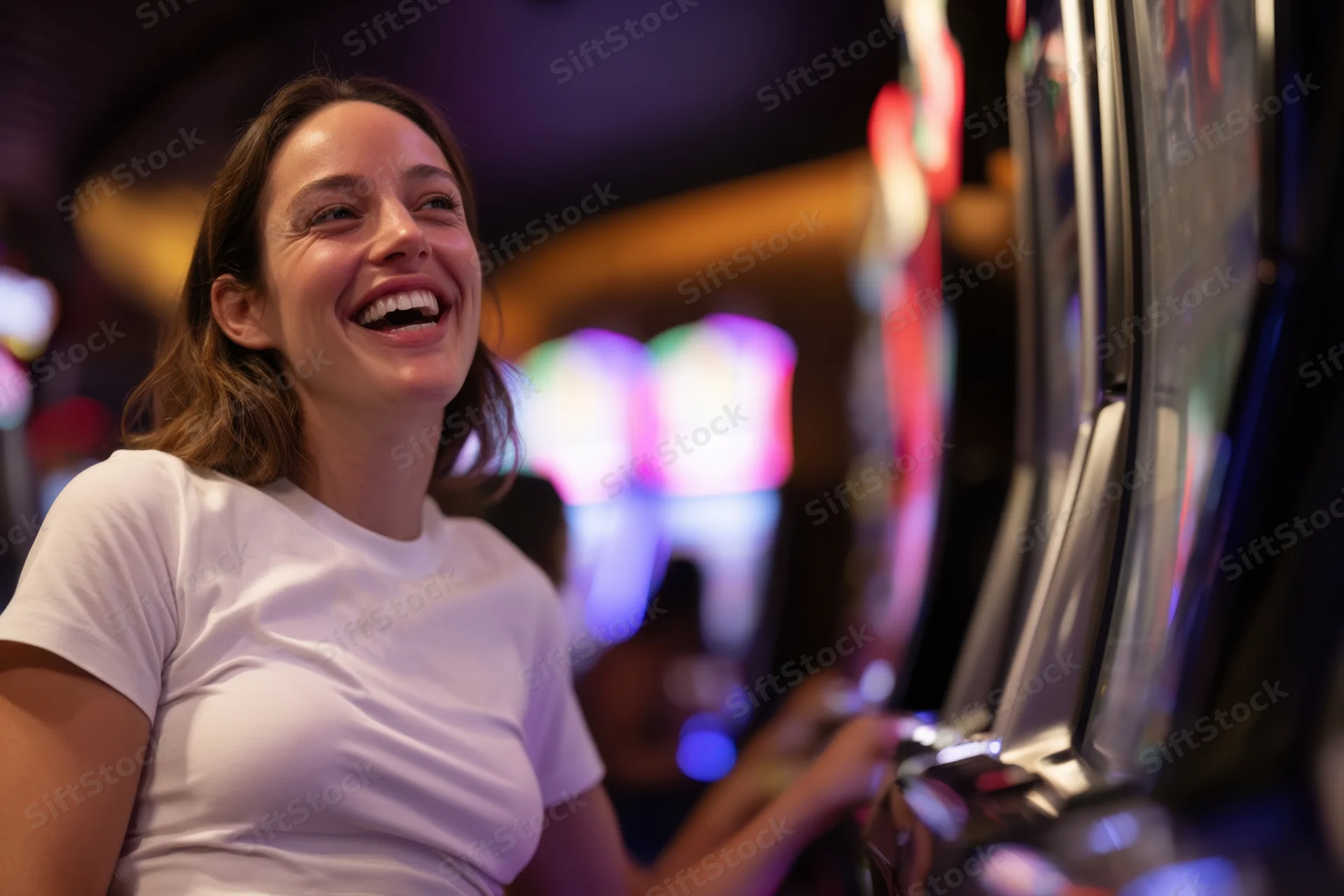 Woman laughing while playing a slot machine in a vibrant casino interior
