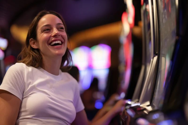 Woman laughing while playing a slot machine in a vibrant casino interior