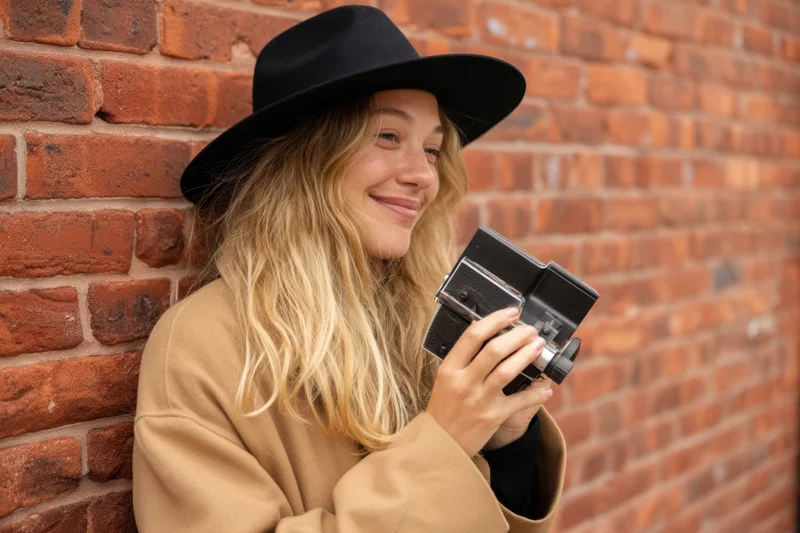 Woman smiling while holding vintage camera against brick wall wearing black hat and beige coat