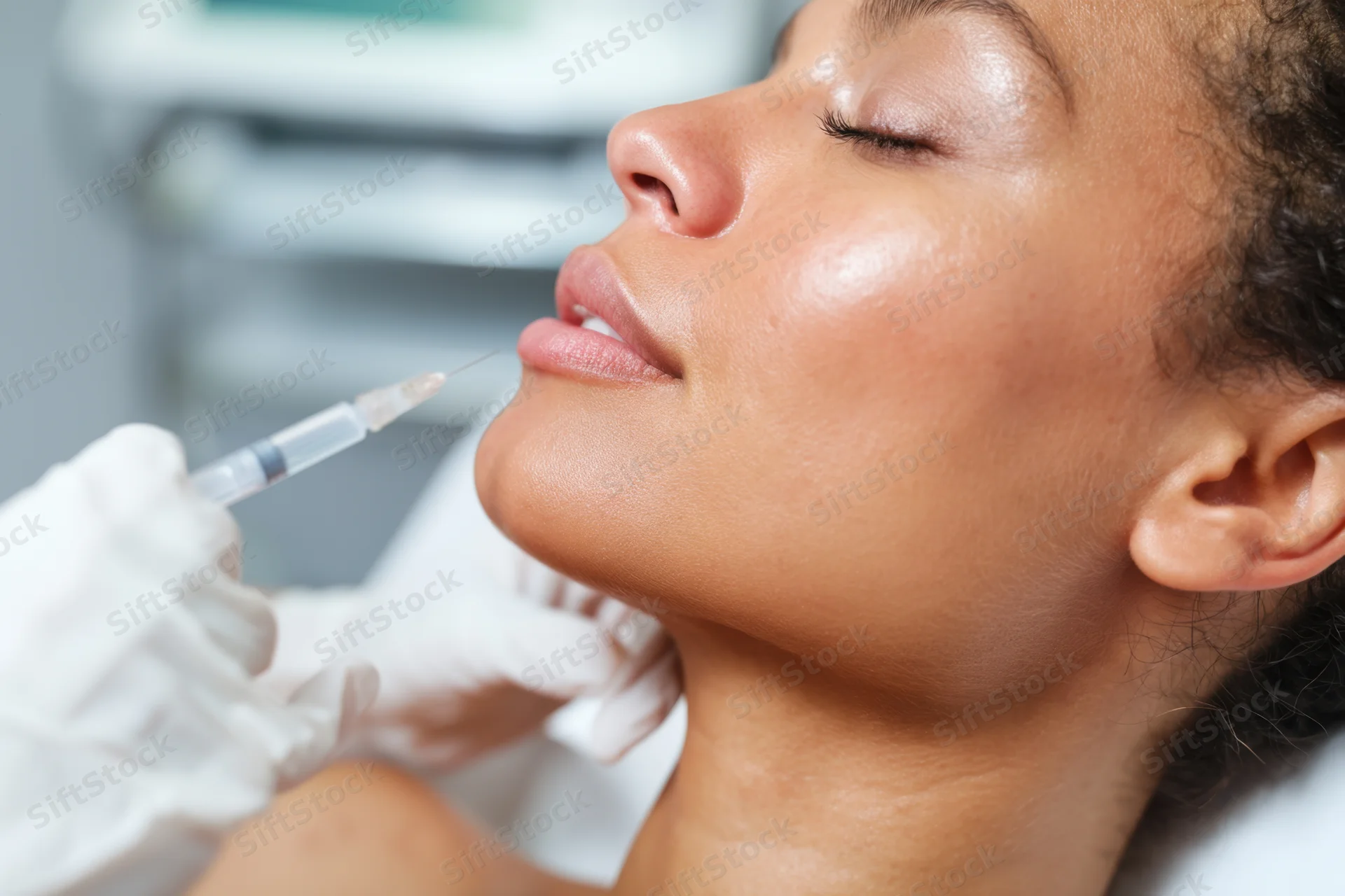 Woman receiving facial injection for cosmetic treatment in clinic setting