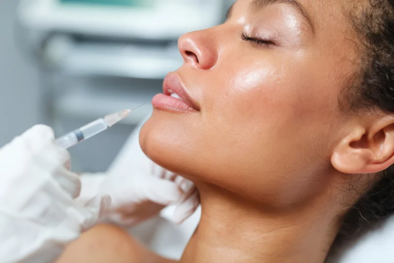 Woman receiving facial injection for cosmetic treatment in clinic setting