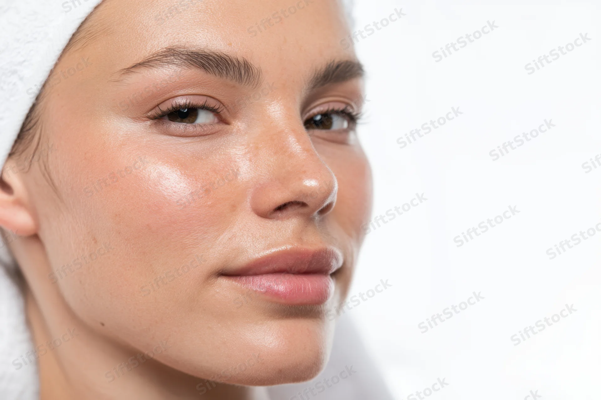 Closeup of a young woman with fresh glowing skin after a facial treatment in a clinical setting wearing a towel on her head