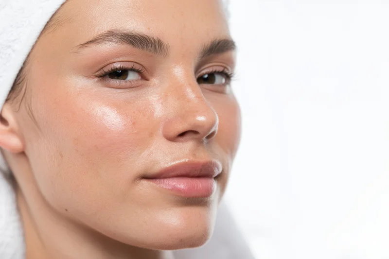 Closeup of a young woman with fresh glowing skin after a facial treatment in a clinical setting wearing a towel on her head