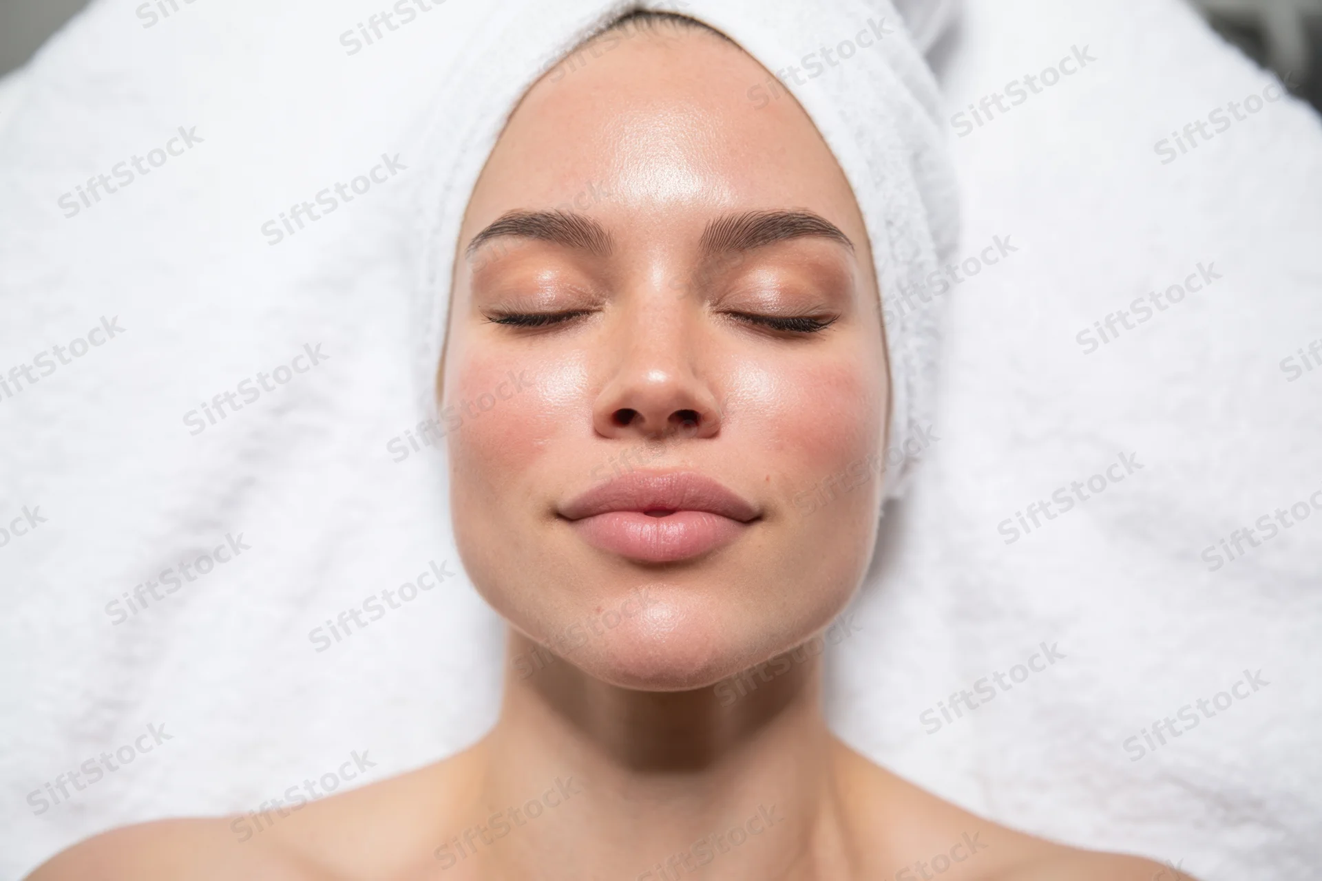 Woman receiving facial treatment in a clinical spa setting with towel on head