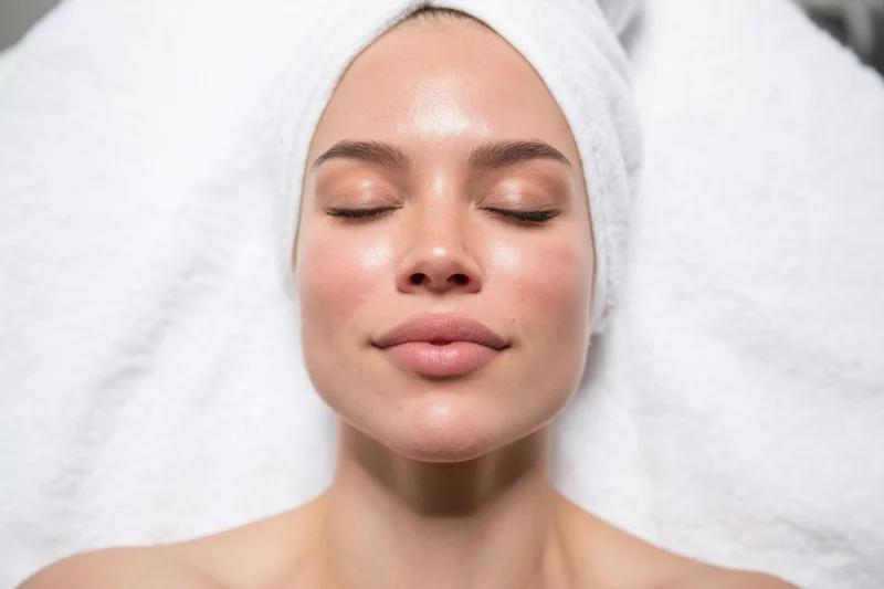 Woman receiving facial treatment in a clinical spa setting with towel on head