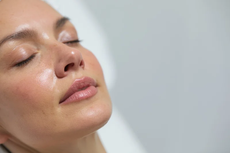 Woman receiving facial aesthetic treatment in clinical setting with eyes closed and smooth skin