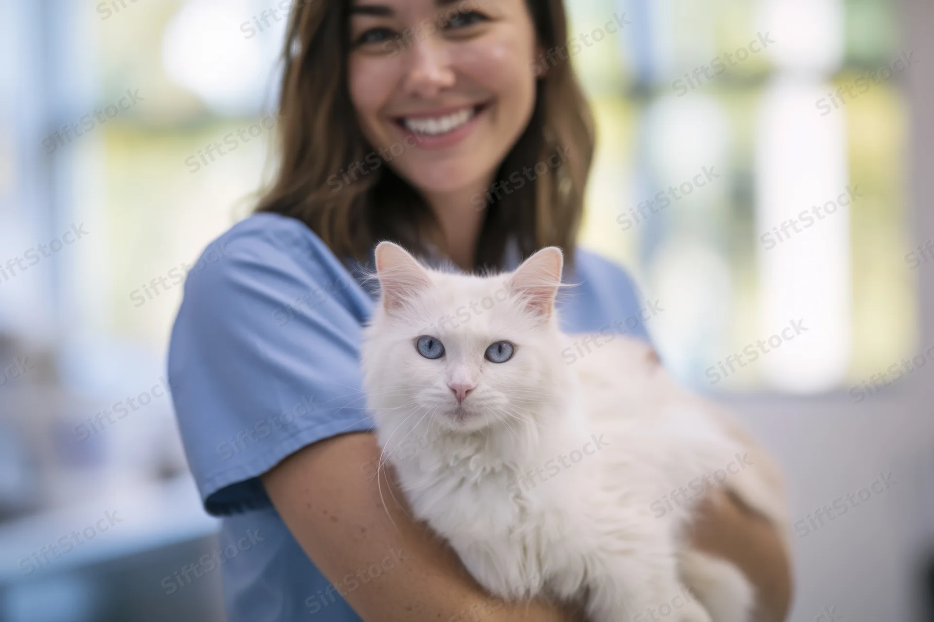 Woman smiling while holding a fluffy white cat with blue eyes in a veterinary clinic