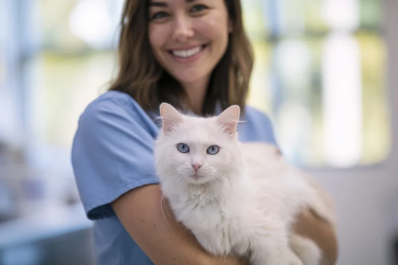 Woman smiling while holding a fluffy white cat with blue eyes in a veterinary clinic