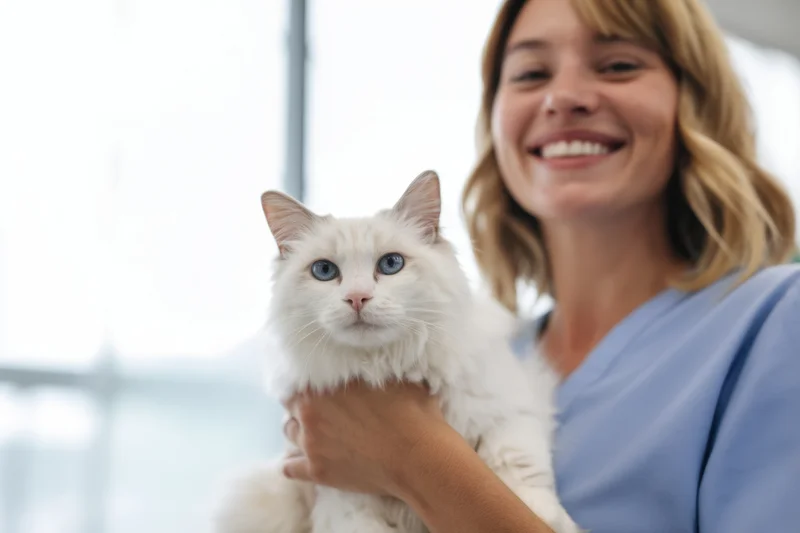 Woman smiling while holding a fluffy white cat with blue eyes indoors