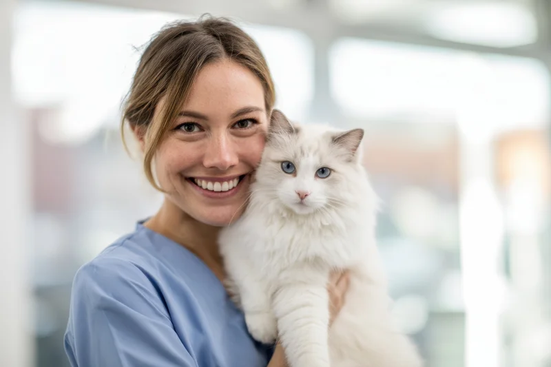 Woman smiling while holding a fluffy white cat in a veterinary clinic