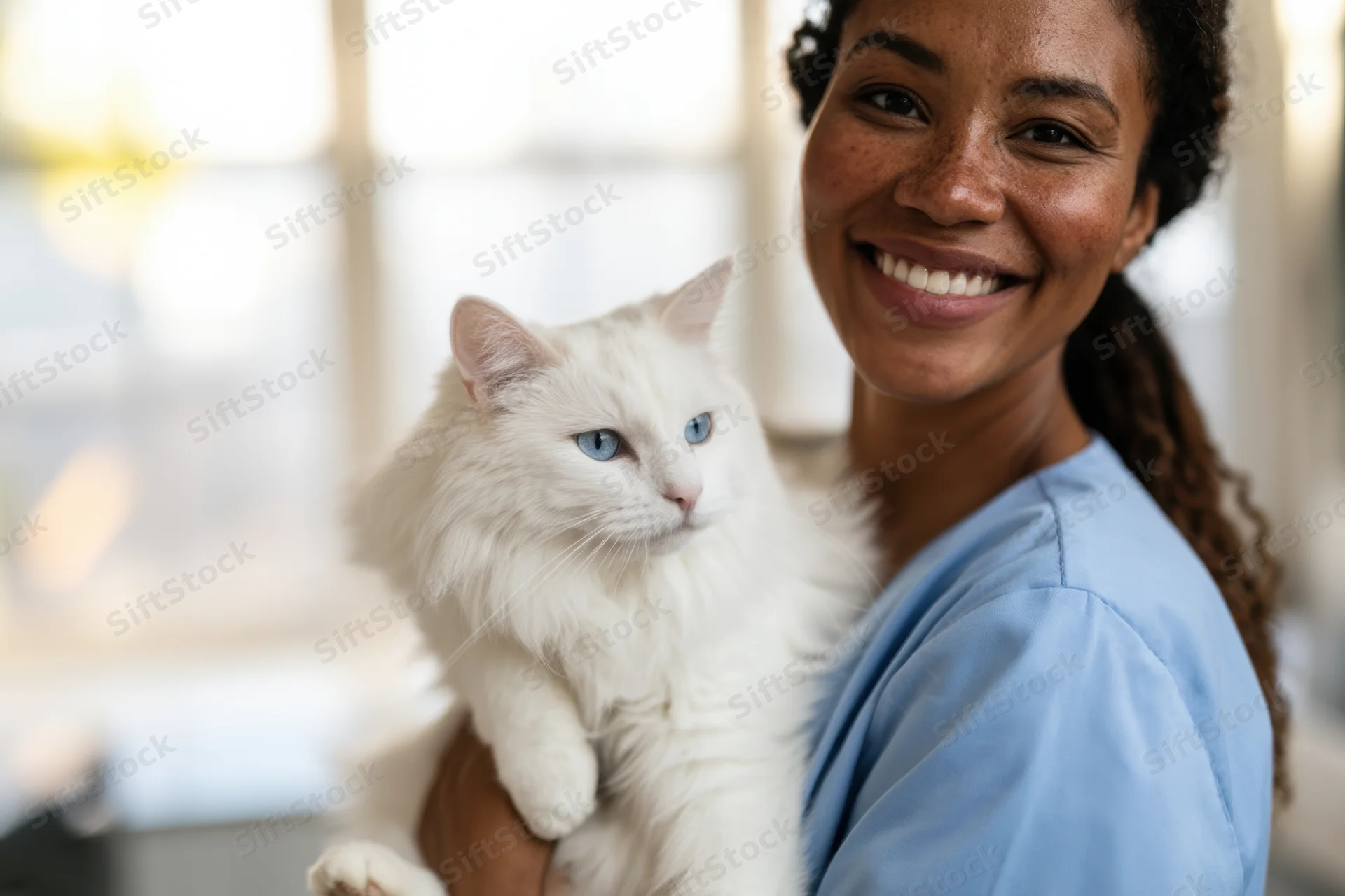 Woman smiling while holding a fluffy white cat with blue eyes indoors
