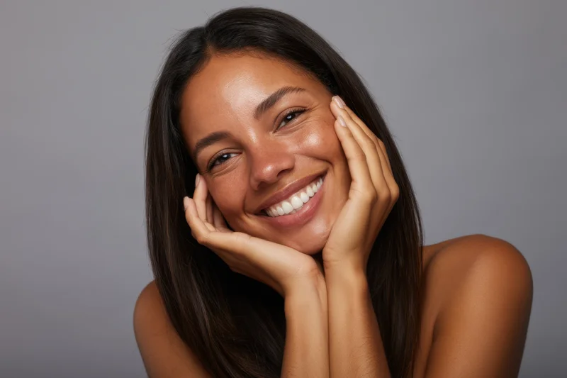 Woman smiling with hands on face, long straight dark brown hair, studio portrait