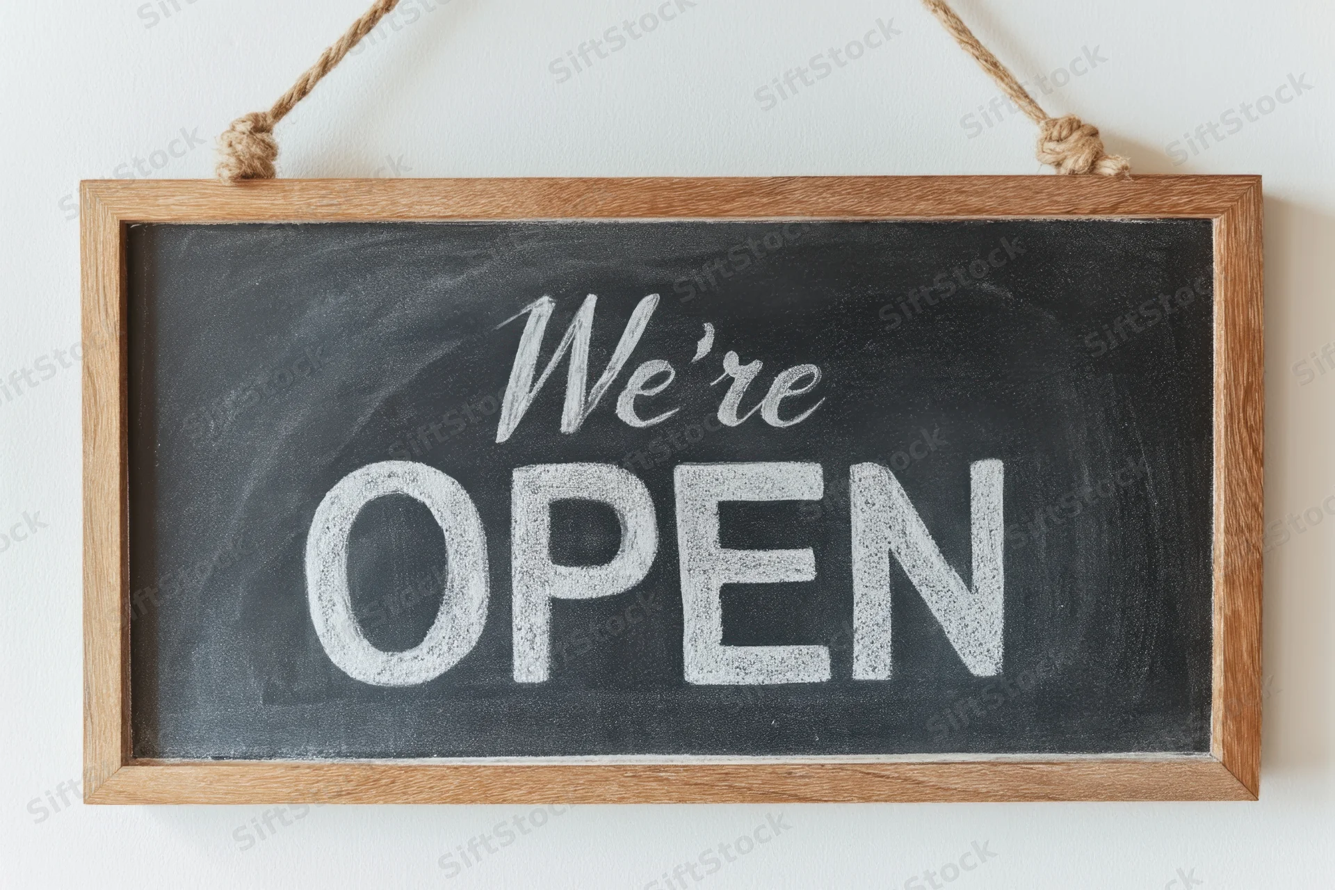 Wooden-framed chalkboard sign with white chalk text reading we're open hanging on a white wall