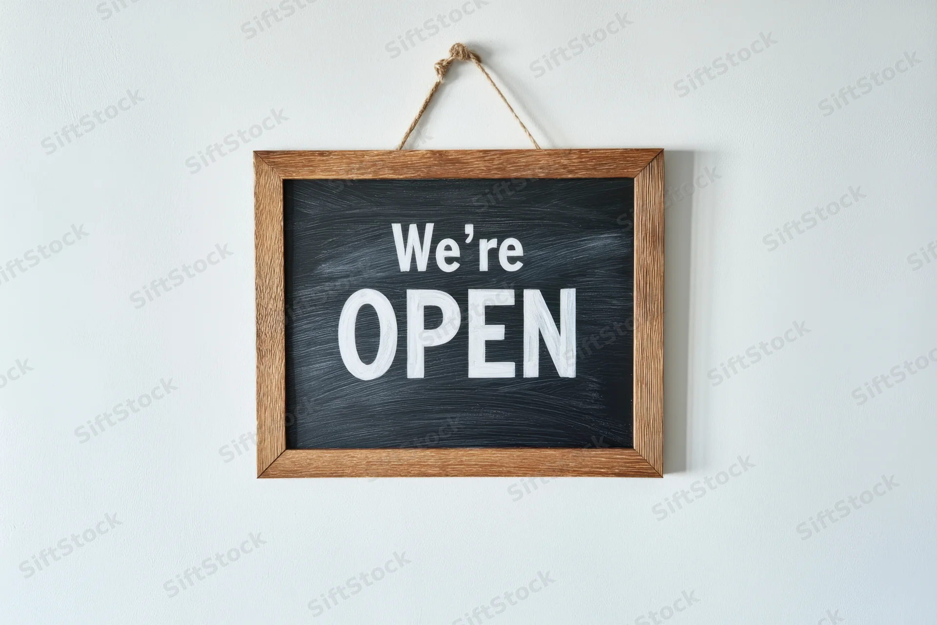 Wooden-framed chalkboard sign with white text reading we're open hanging on a white wall