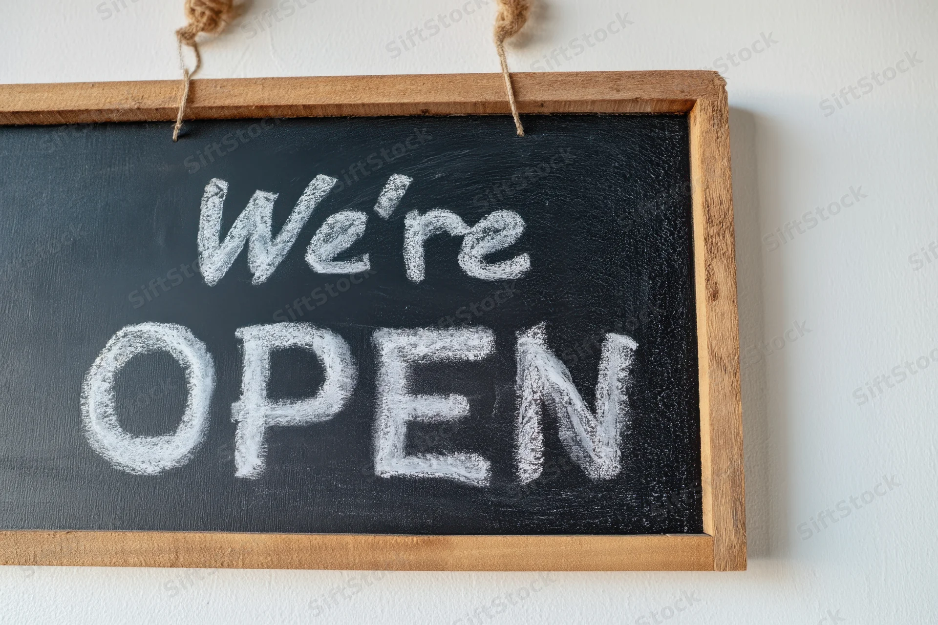 Wooden-framed chalkboard sign with white chalk text reading we're open hanging on a wall