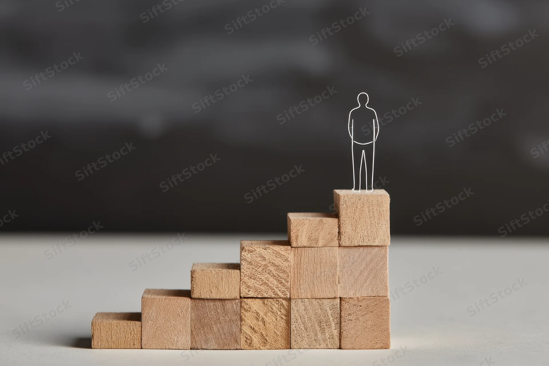 Wireframe person standing atop wooden block staircase on light surface