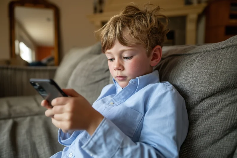 Young boy concentrating on smartphone while sitting on gray sofa in living room