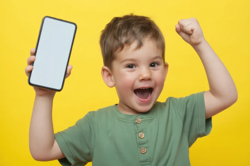 Excited young boy holding smartphone with blank screen against yellow background