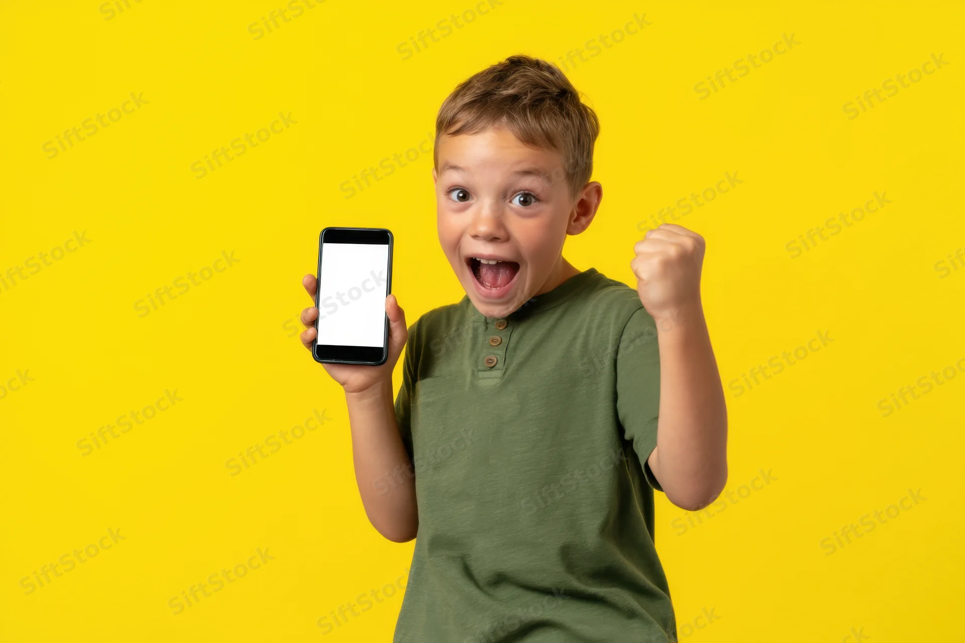 Young boy holding smartphone with blank screen, celebrating excitedly against yellow background