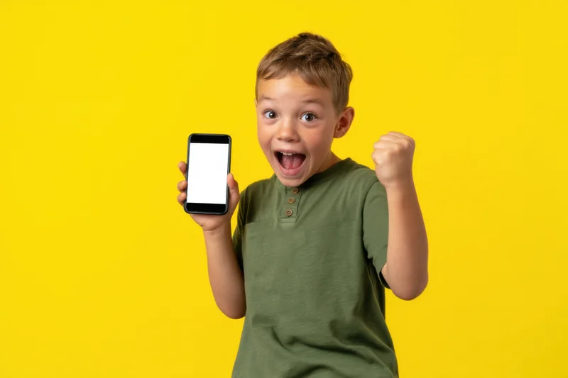 Young boy holding smartphone with blank screen, celebrating excitedly against yellow background
