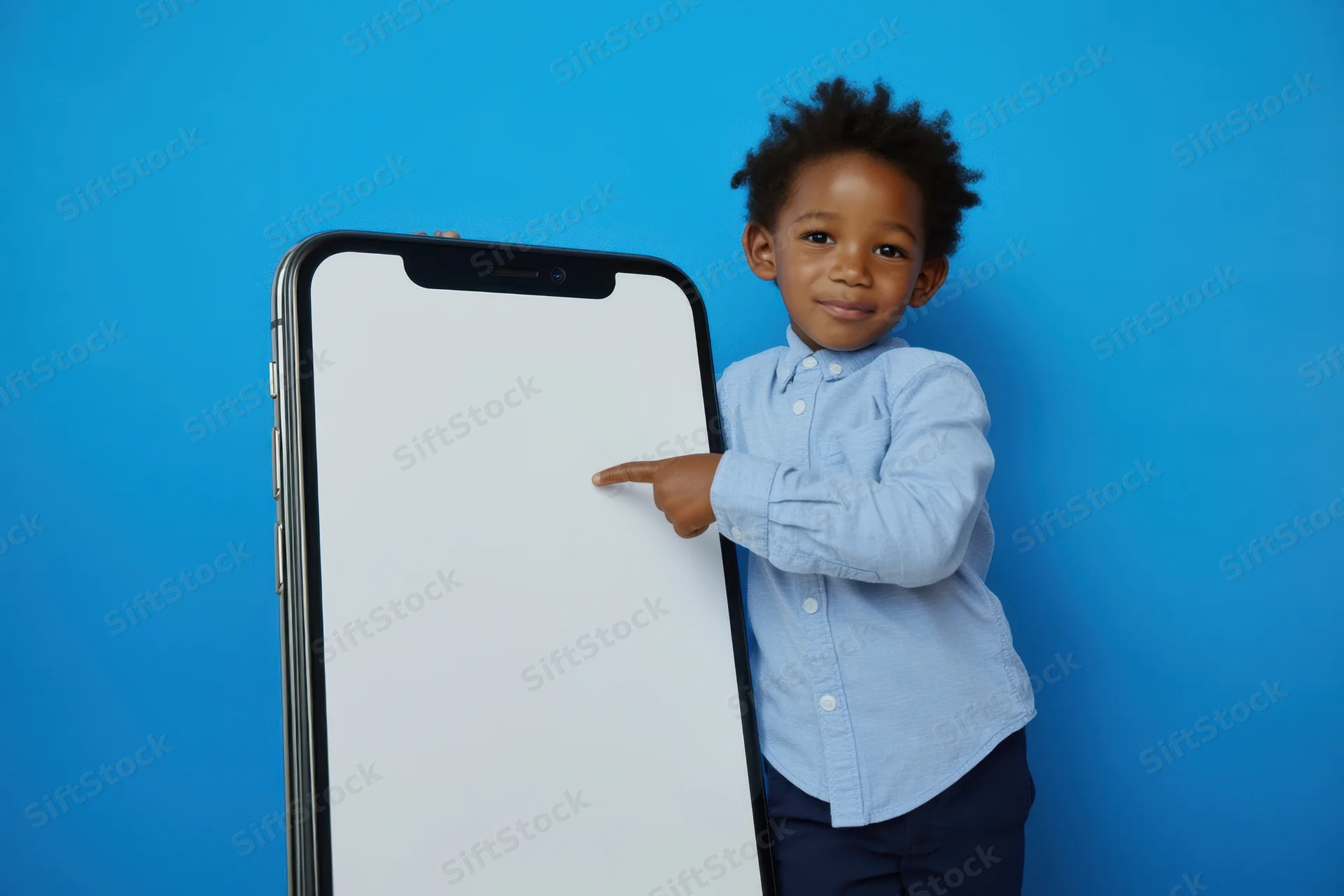 Young boy pointing at a large smartphone with blank screen against blue background