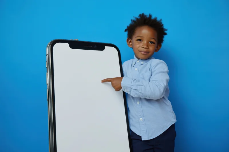 Young boy pointing at a large smartphone with blank screen against blue background