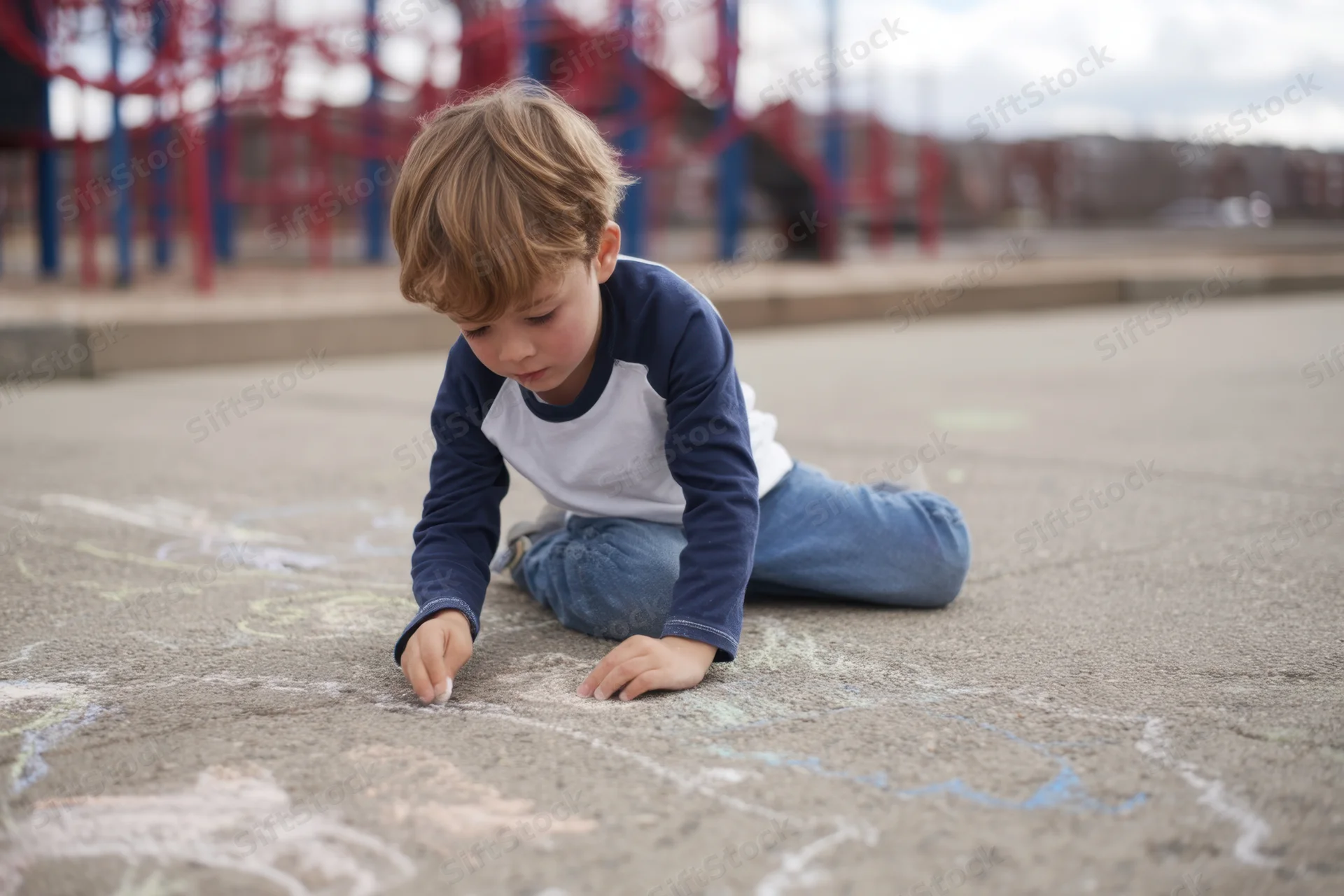 Young boy drawing with chalk on pavement at playground