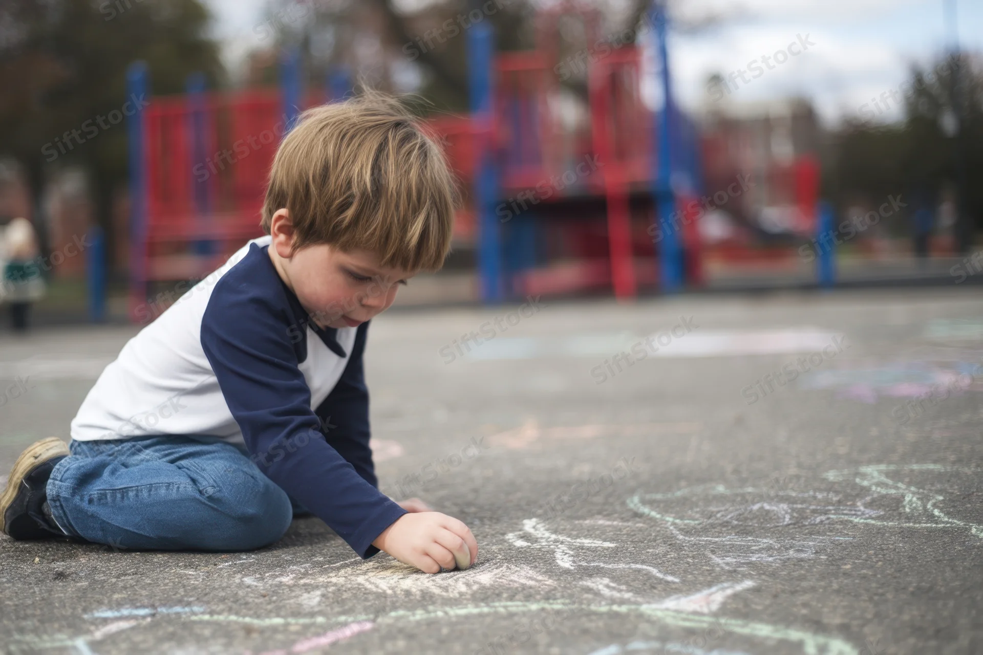 Young boy sitting on pavement drawing with chalk in a playground