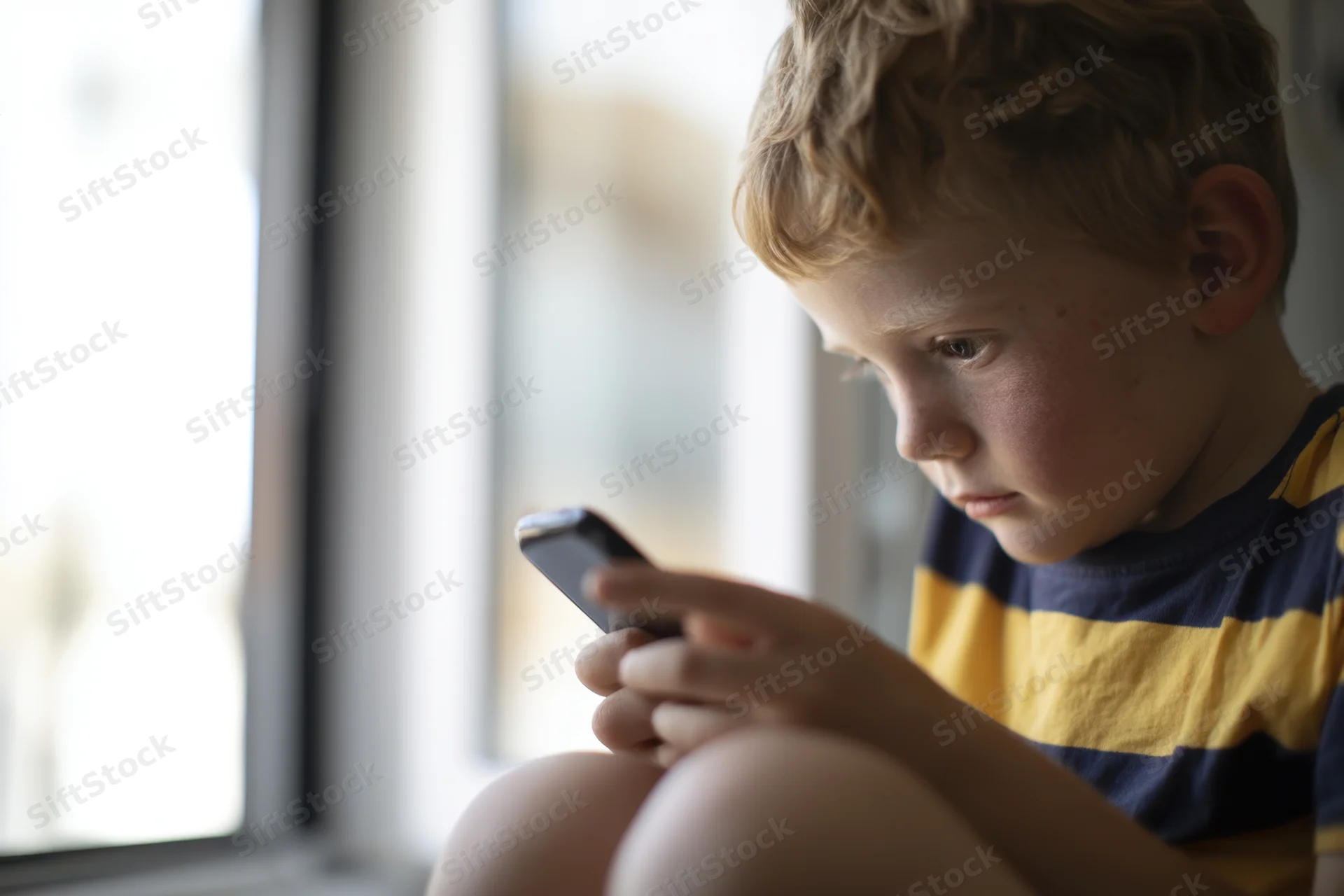 Young boy sitting on windowsill holding smartphone and looking at screen in focus