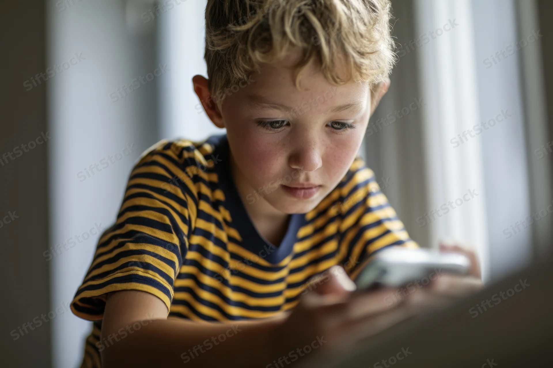 Young boy sitting on windowsill holding smartphone and concentrating on screen