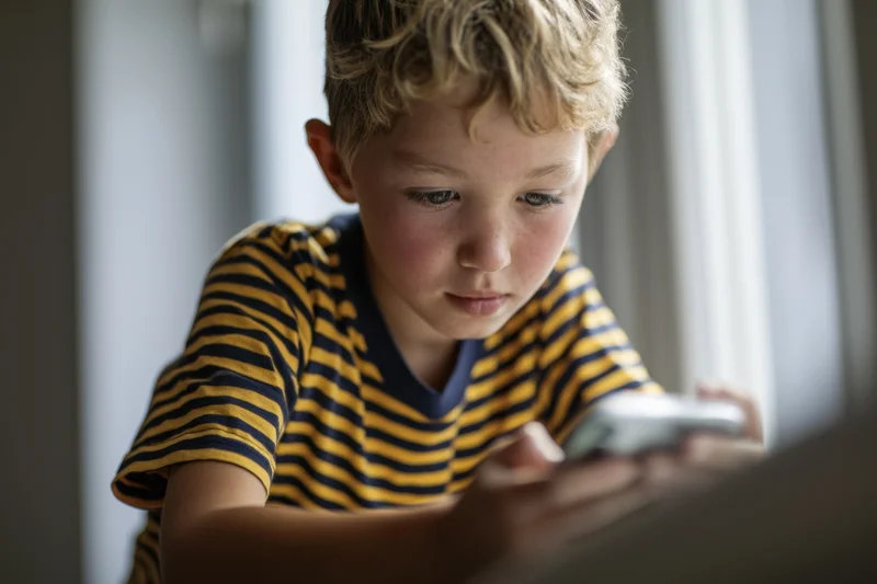 Young boy sitting on windowsill holding smartphone and concentrating on screen