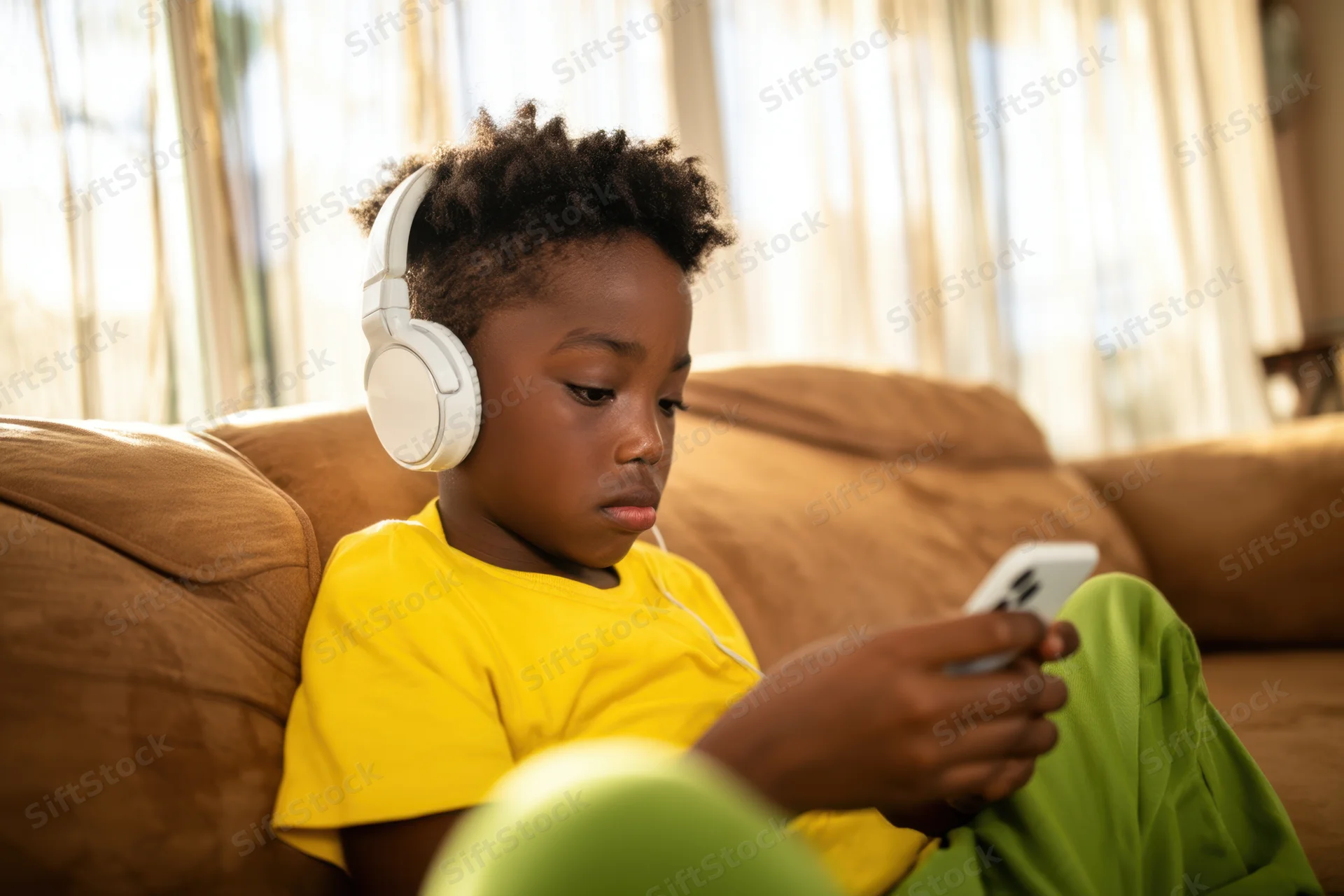 Young black boy wearing white headphones and concentrating on a smartphone while sitting on a couch in a living room