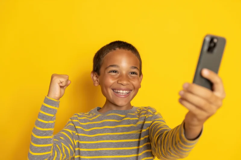 Young boy smiling and taking a selfie with smartphone against yellow background, raising fist in excitement