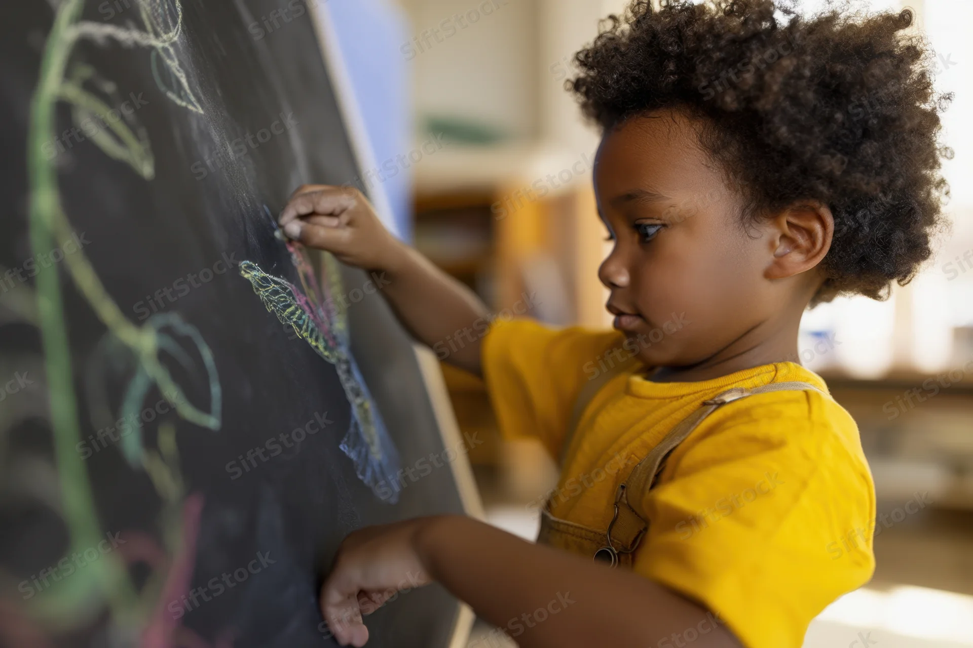 Young black child drawing with chalk on a chalkboard in a classroom