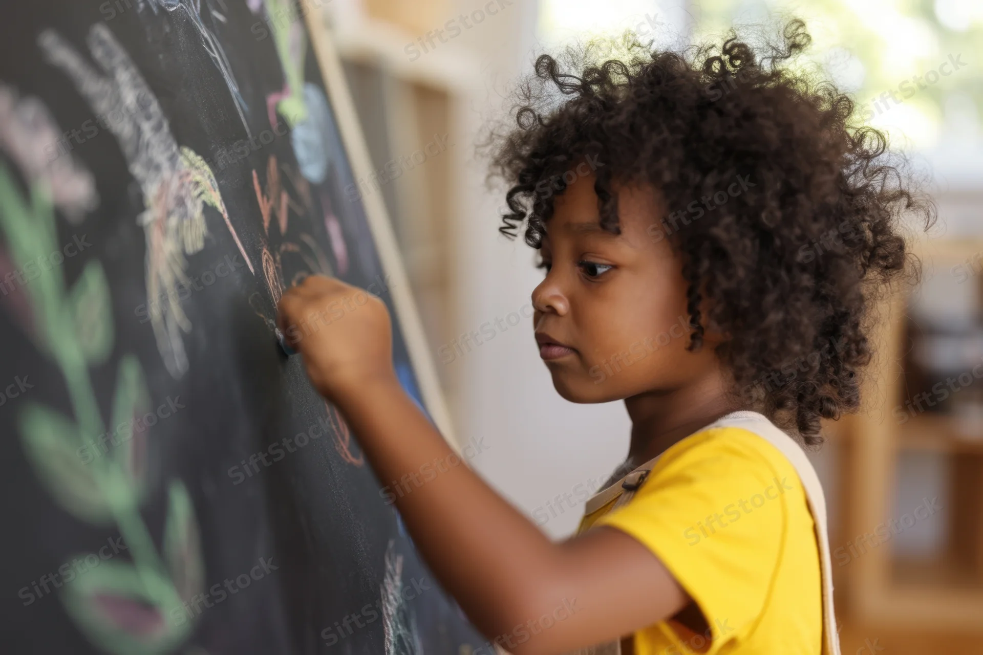 Young black girl drawing with chalk on a chalkboard in a classroom setting